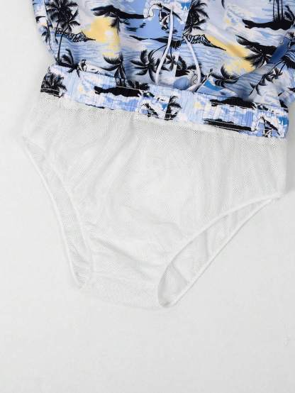 Print Drawstring Swim Trunks-Waves And Trunks