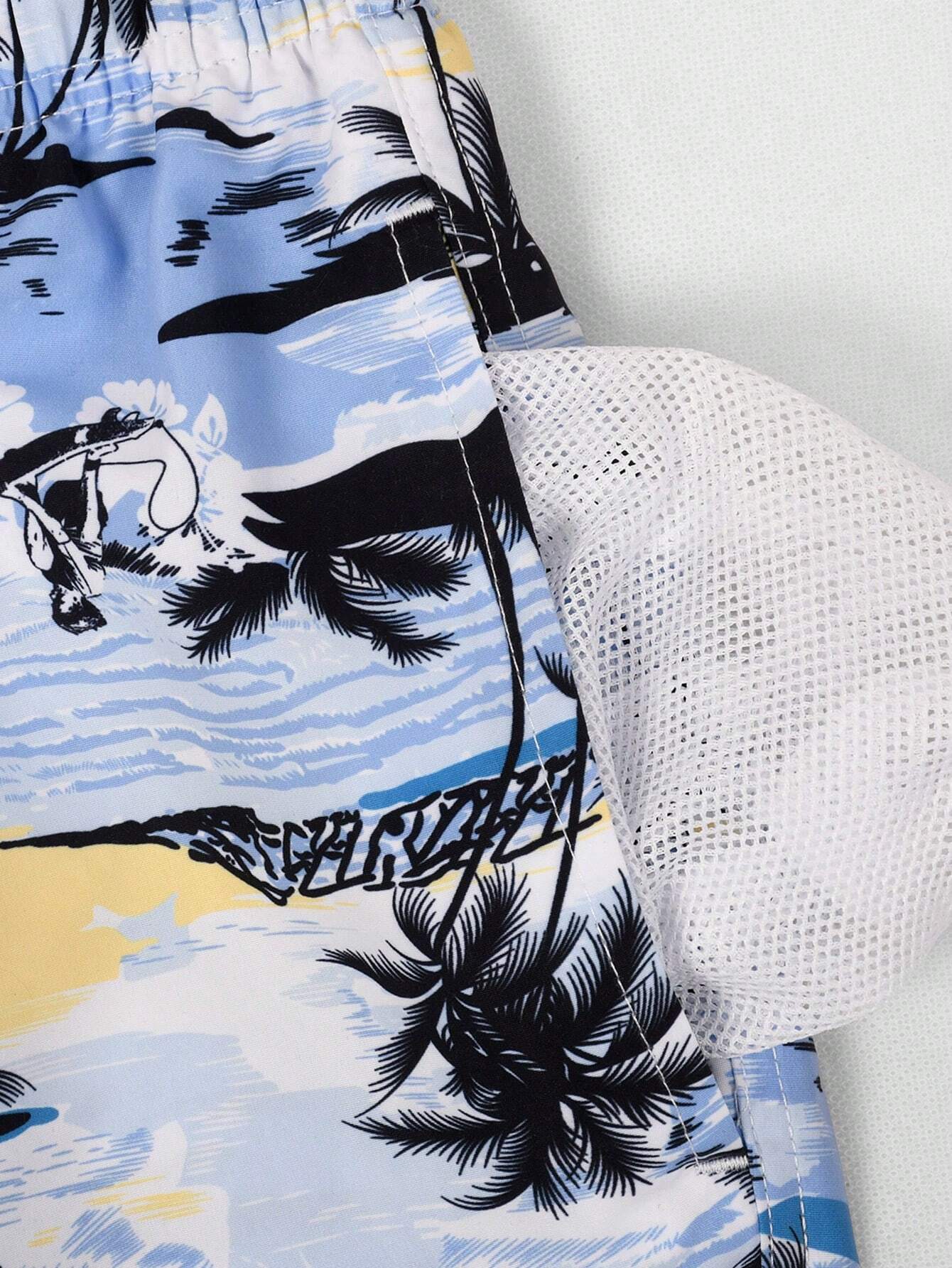 Print Drawstring Swim Trunks-Waves And Trunks