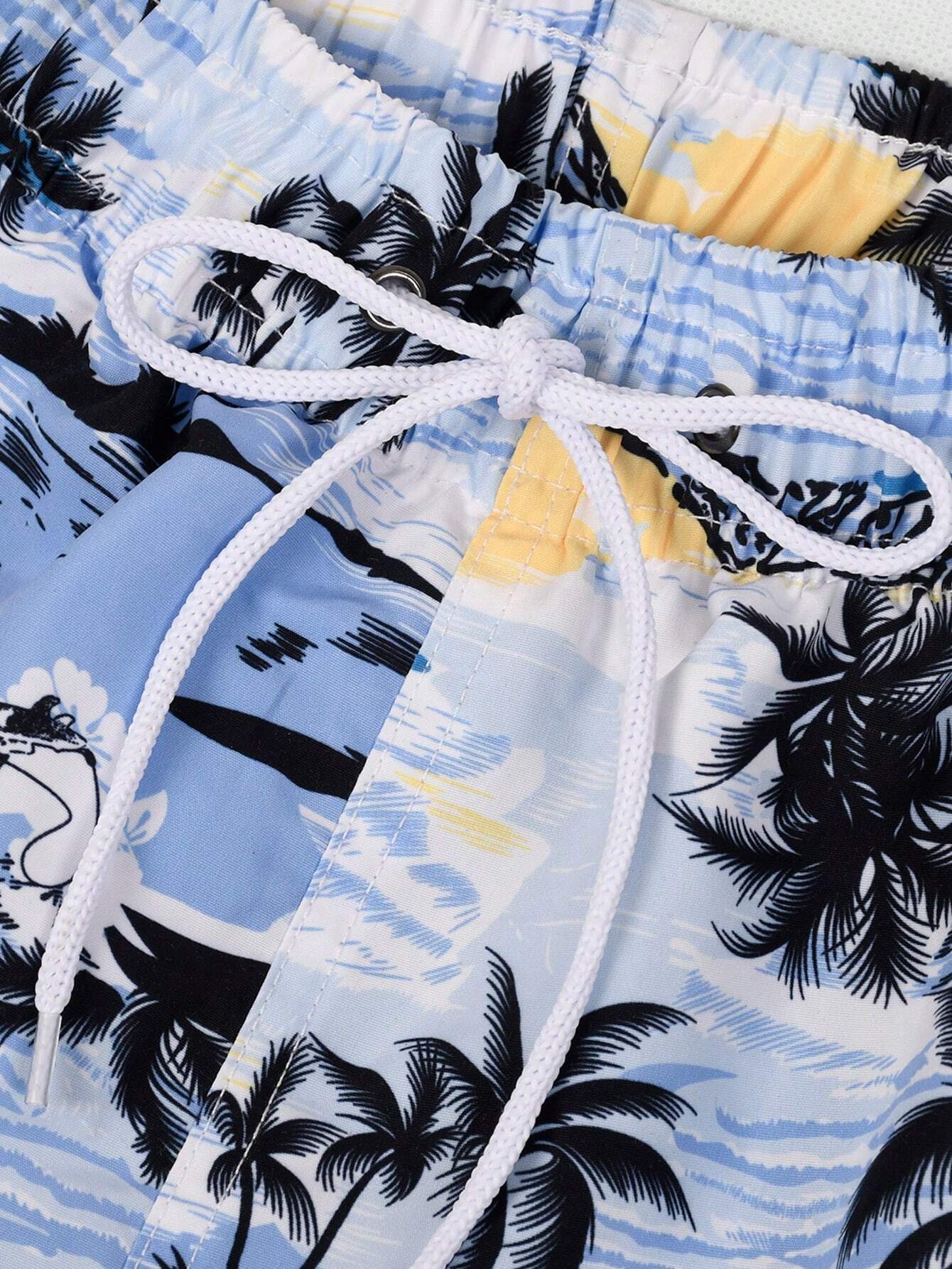 Print Drawstring Swim Trunks-Waves And Trunks