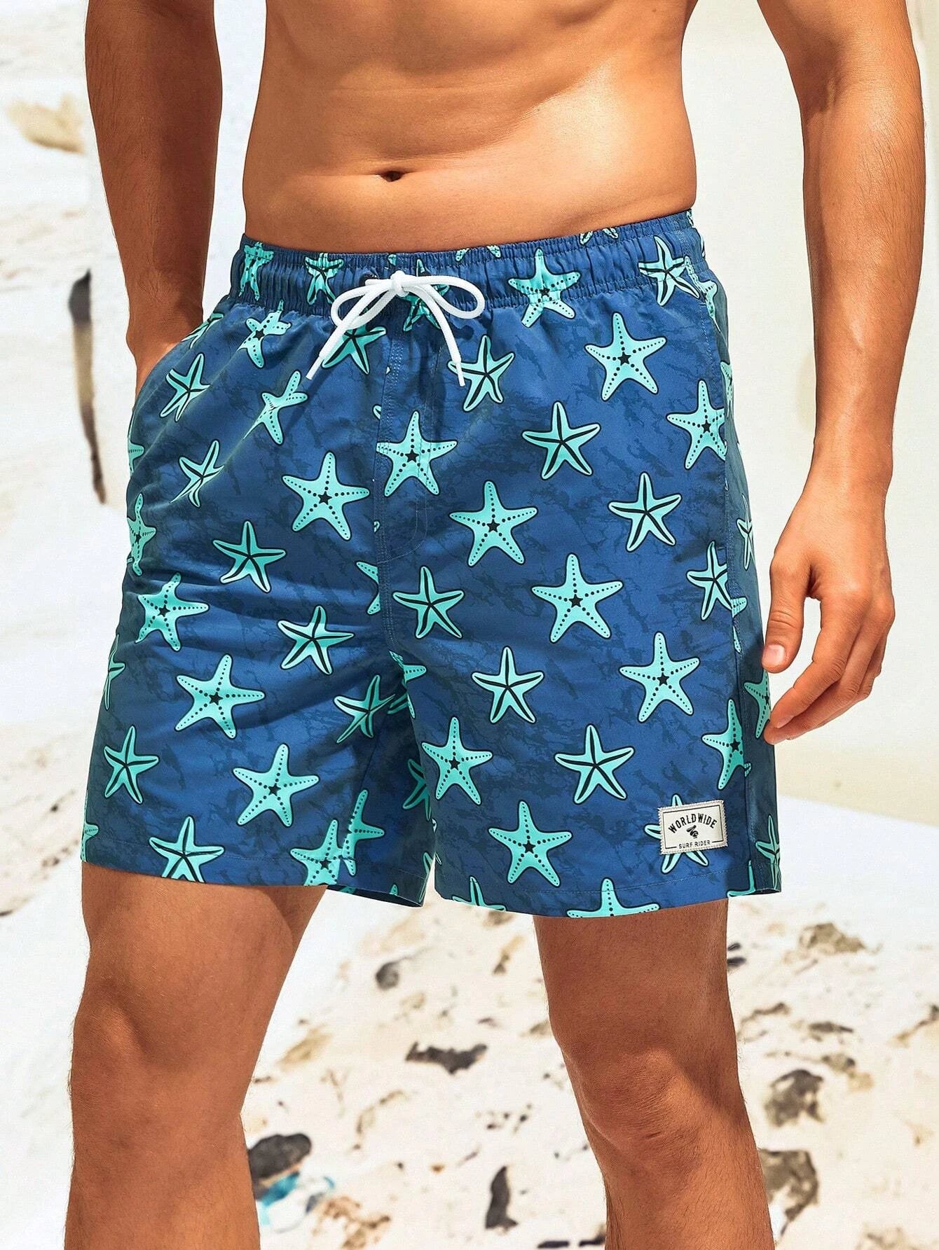 Printed Letter Patched Waist Swim Trunks-Waves And Trunks