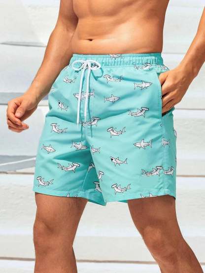 Shark Print Letter Patched Swim Trunks-Waves And Trunks
