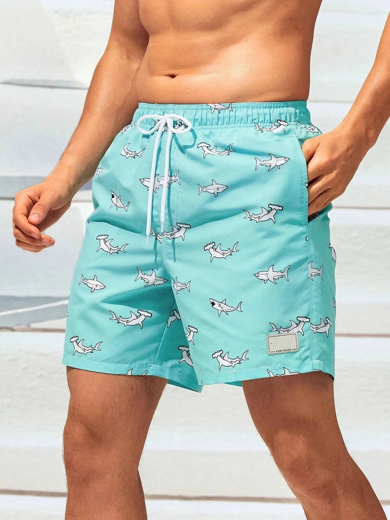 Shark Print Drawstring Waist Swim Trunks With Pocket-Waves And Trunks