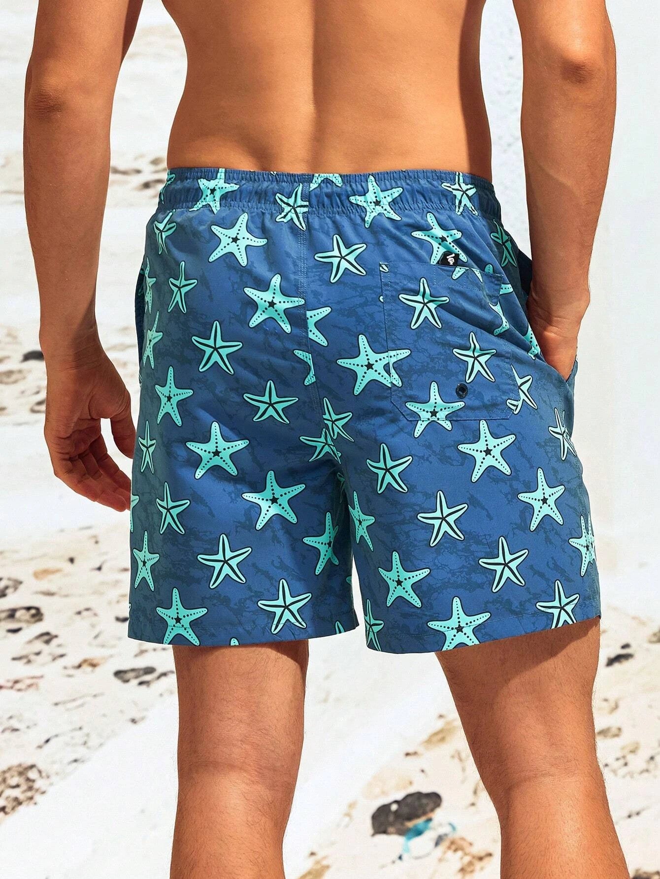 Printed Letter Patched Waist Swim Trunks-Waves And Trunks