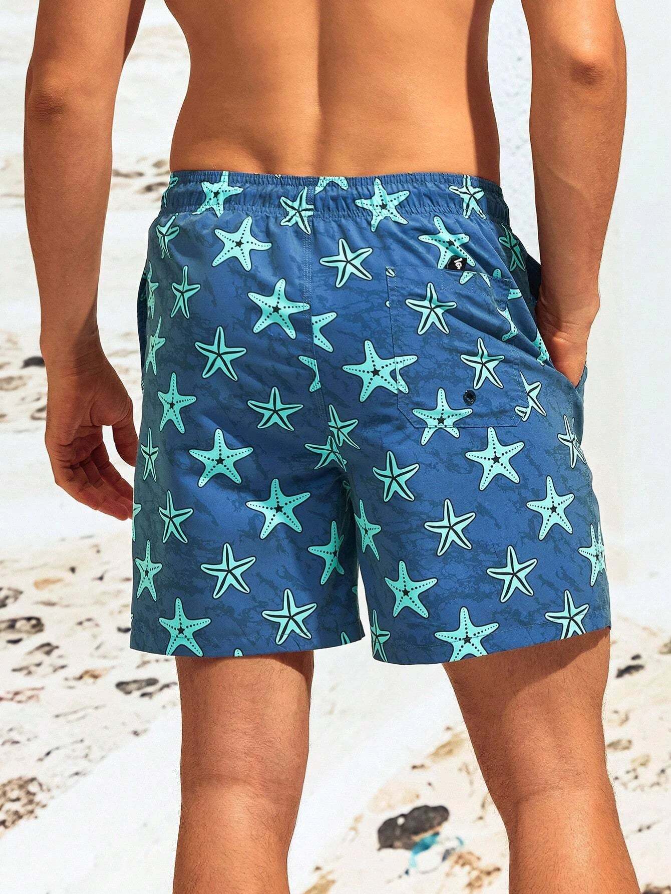 Printed Letter Patched Waist Swim Trunks-Waves And Trunks