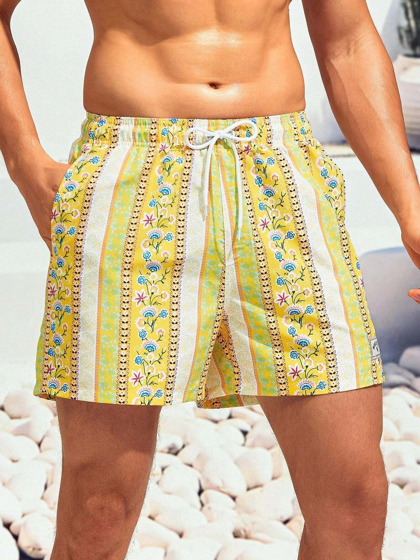 Floral Striped Print Swim Trunks-Waves And Trunks