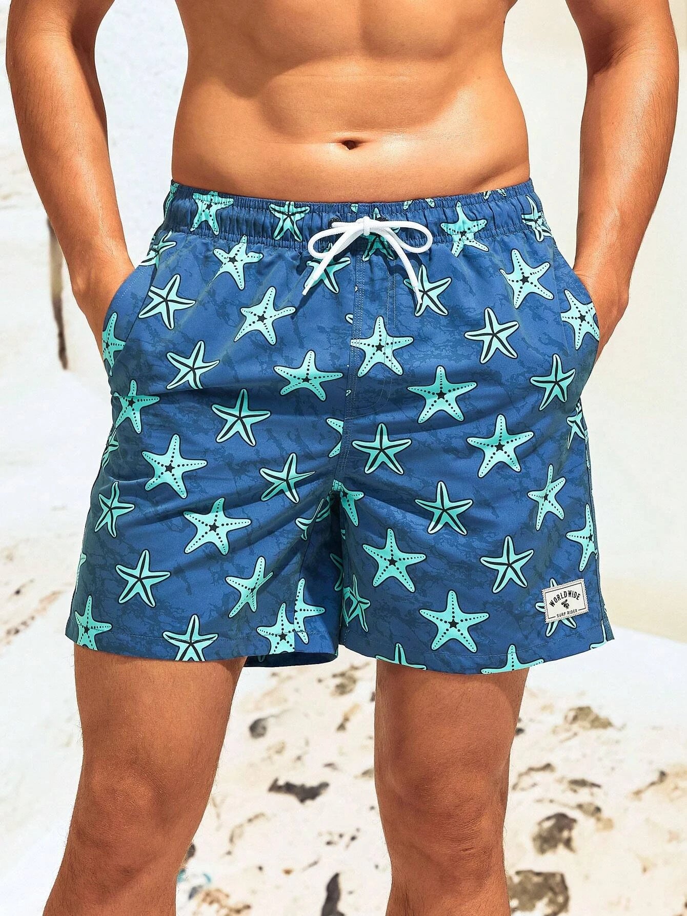 Printed Letter Patched Waist Swim Trunks-Waves And Trunks