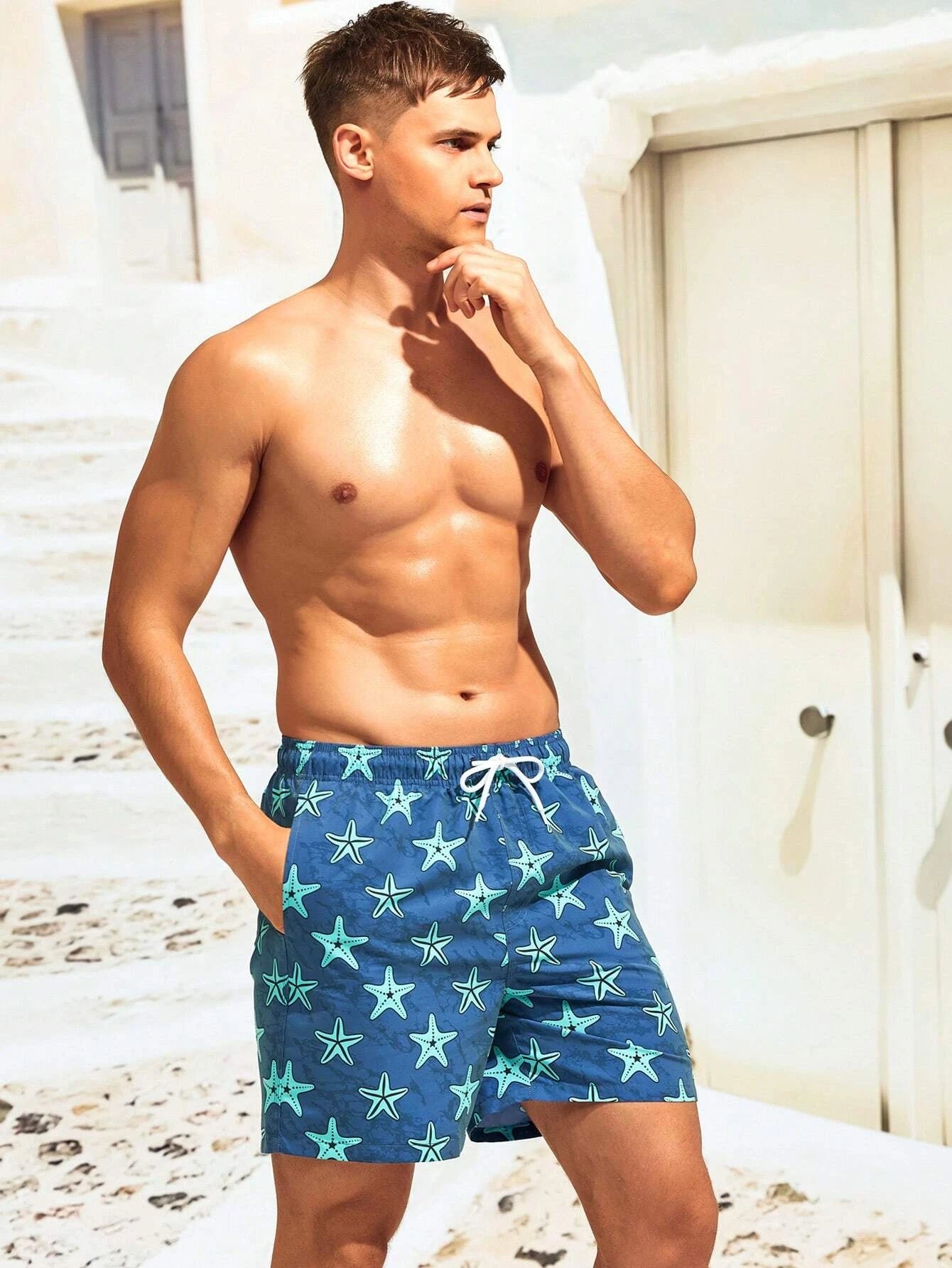 Printed Letter Patched Waist Swim Trunks-Waves And Trunks