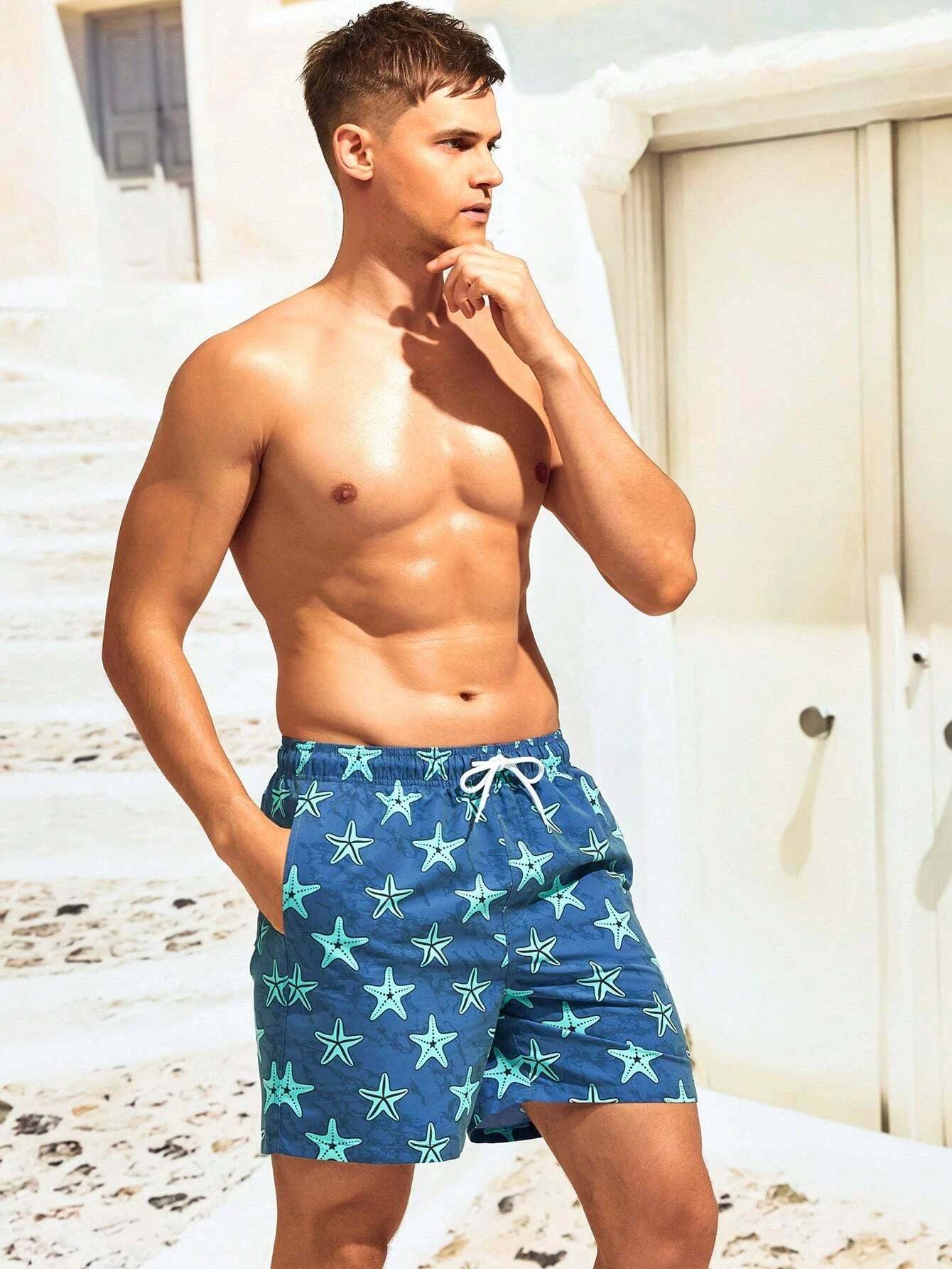 Printed Letter Patched Waist Swim Trunks-Waves And Trunks