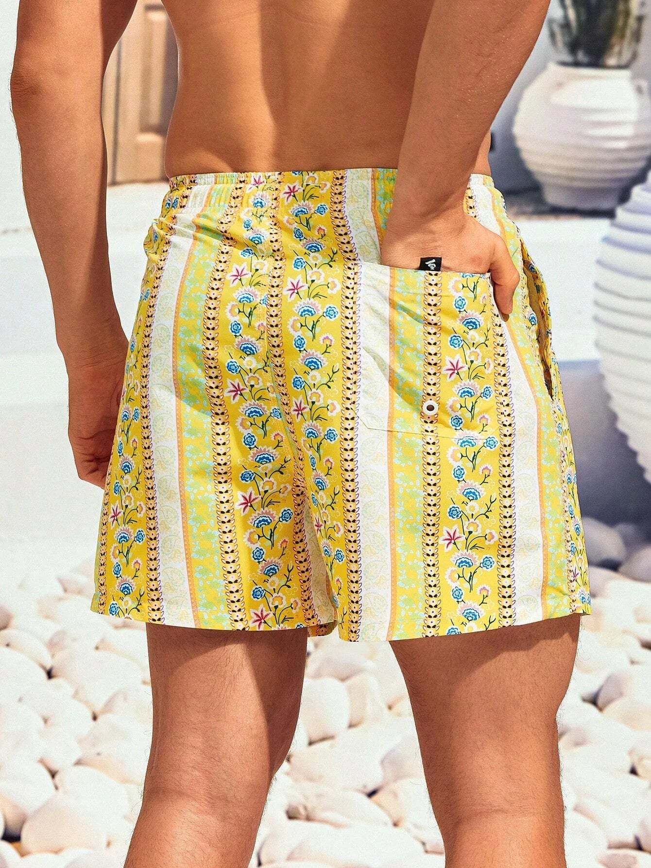 Floral Striped Print Swim Trunks-Waves And Trunks