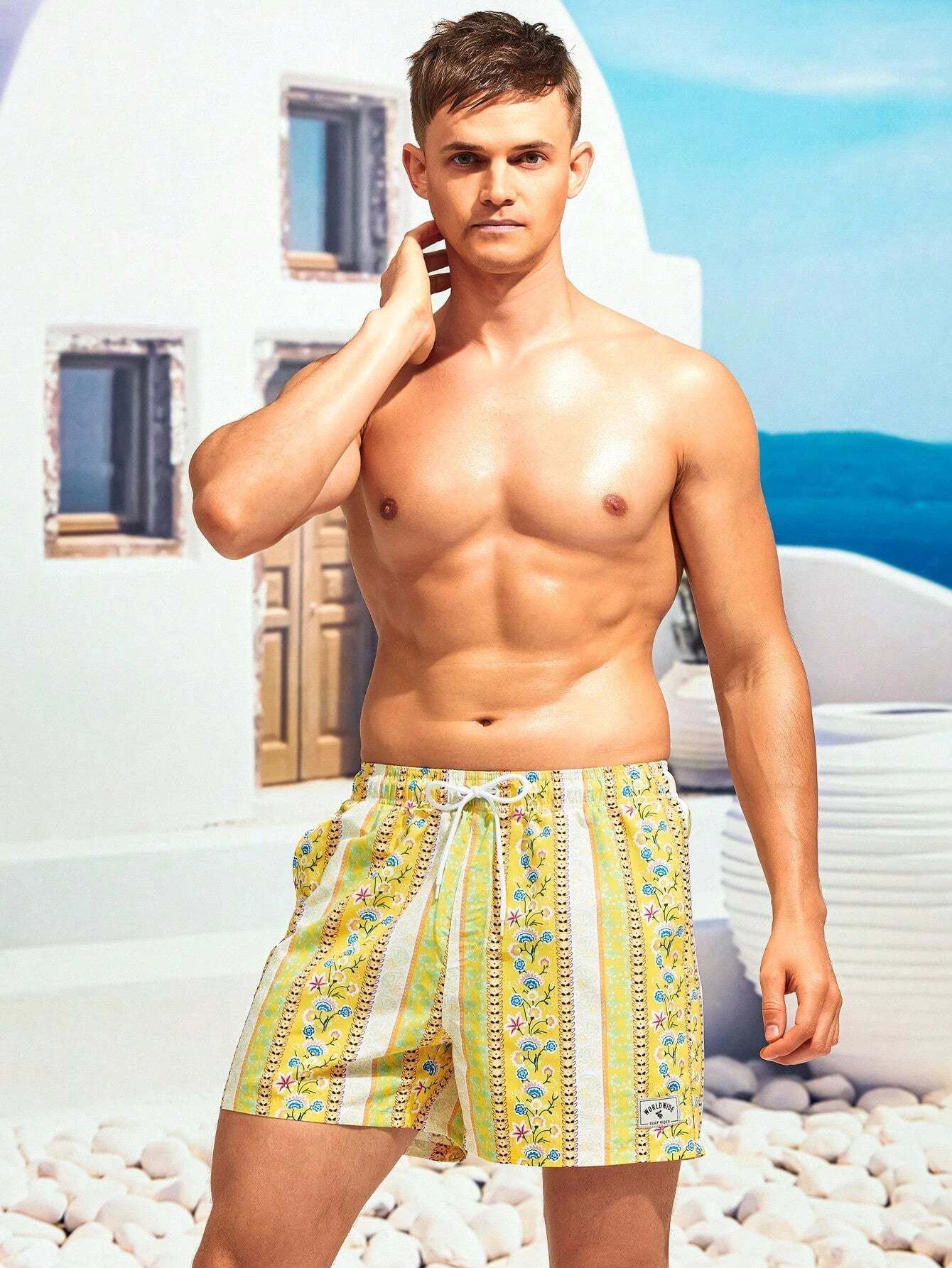 Floral Striped Print Swim Trunks-Waves And Trunks