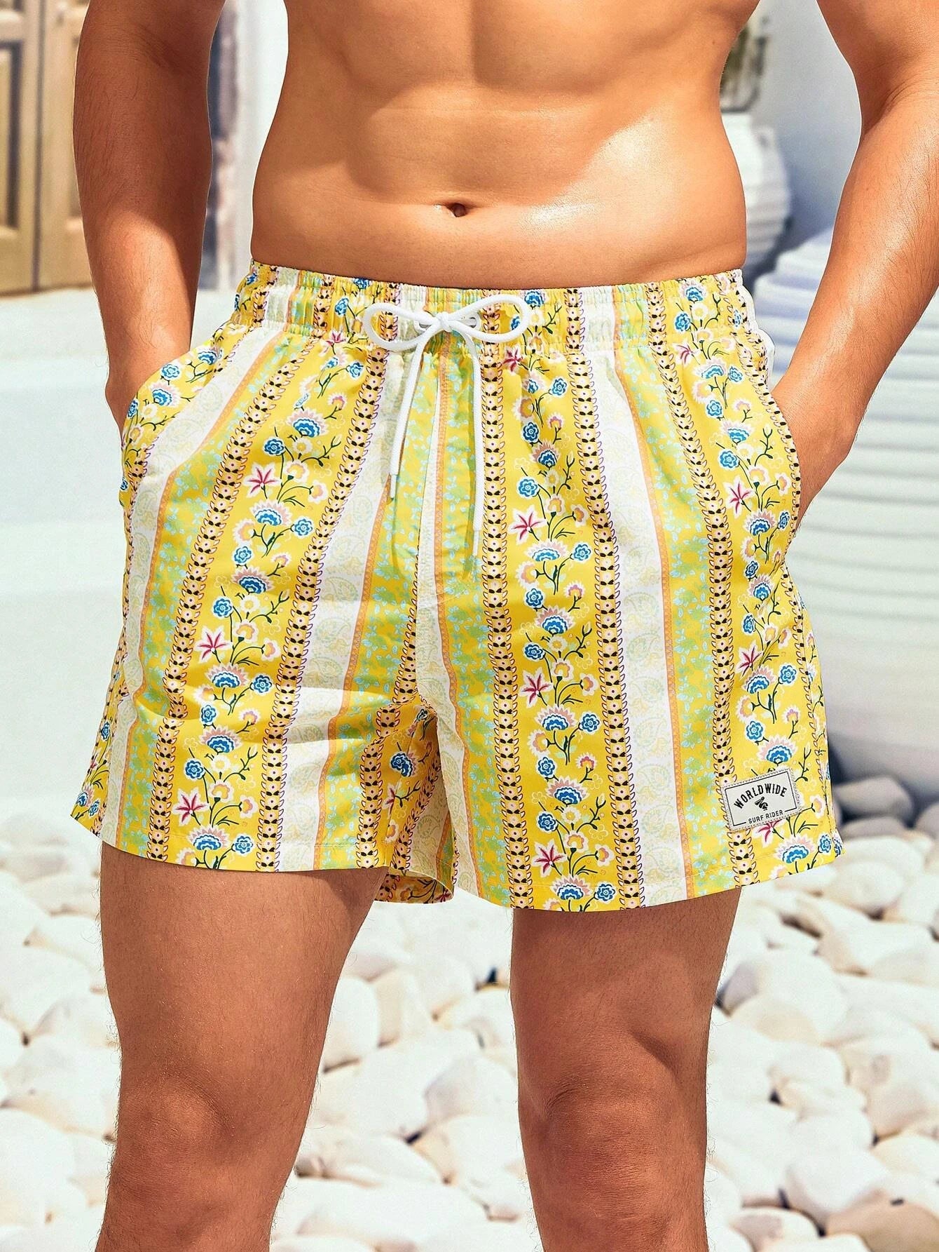 Floral Striped Print Swim Trunks-Waves And Trunks