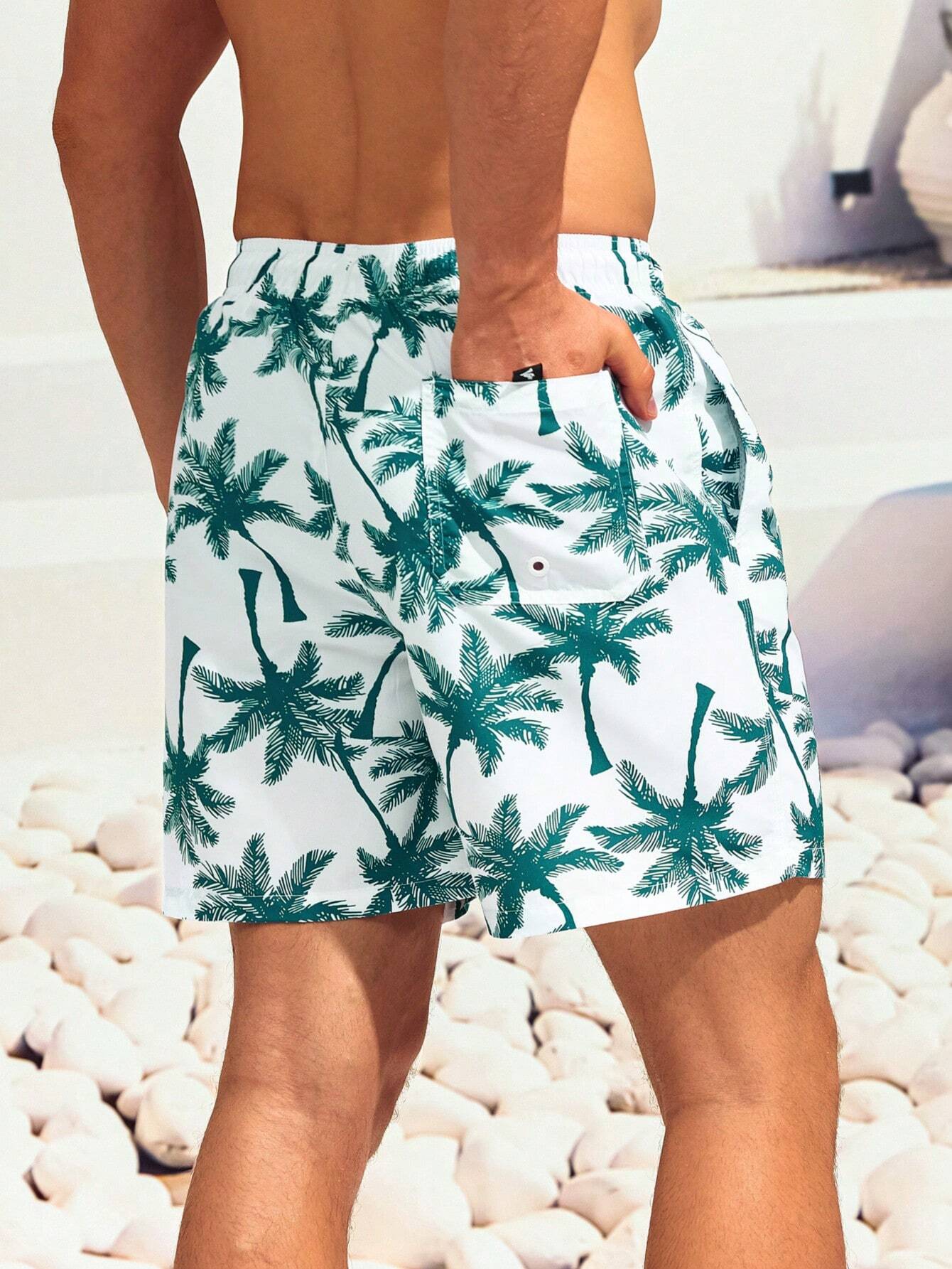 Coconut Tree Print Drawstring Waist Swim Trunks-Waves And Trunks