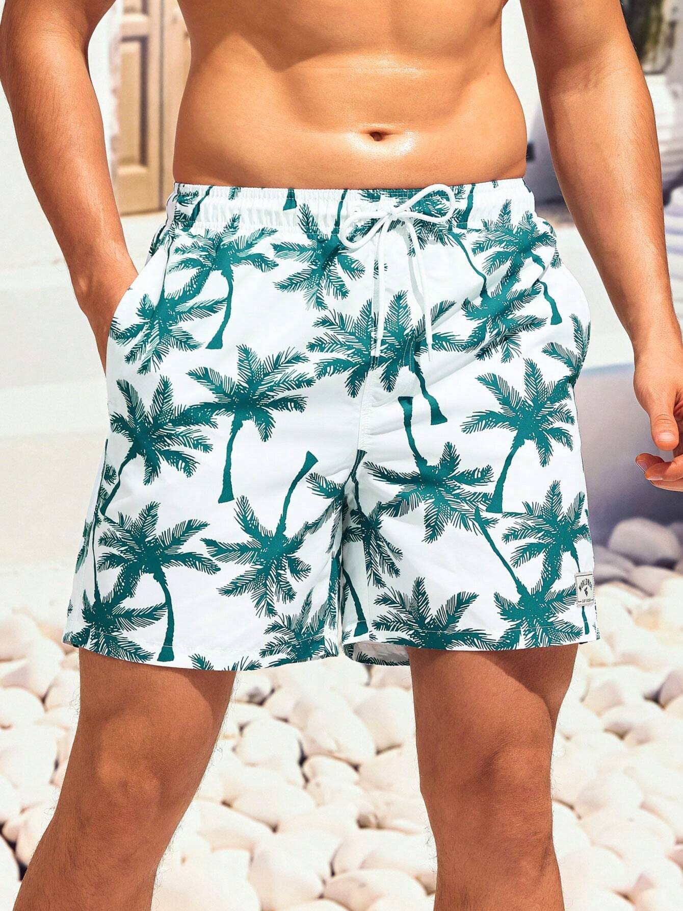 Coconut Tree Print Drawstring Waist Swim Trunks-Waves And Trunks