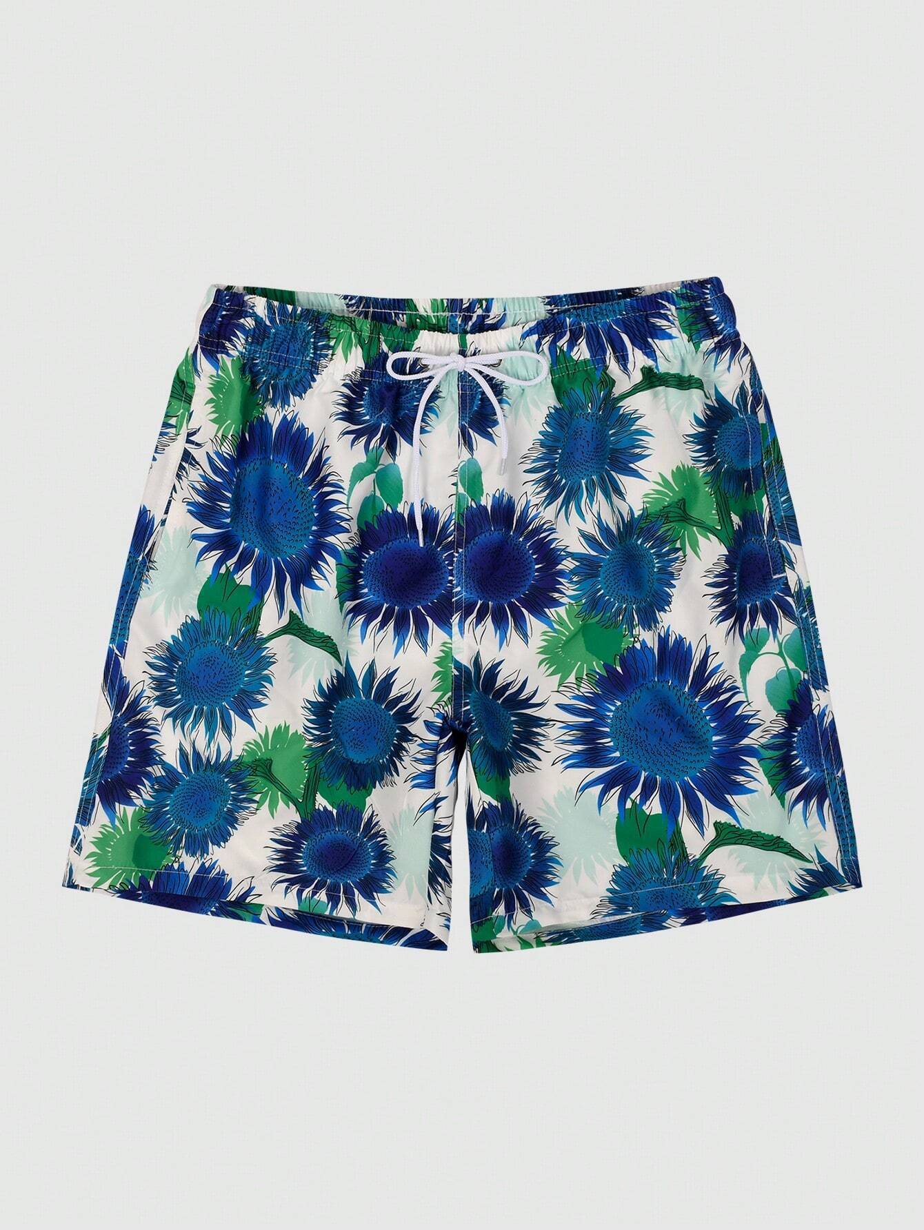 Sunflower Print Drawstring Swim Trunks-Waves And Trunks
