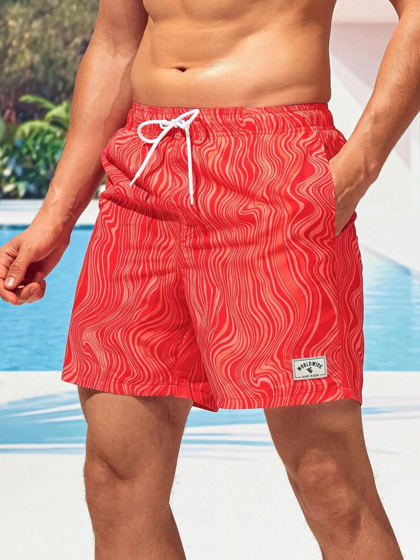 Striped Patched Waist Swim Trunks-Waves And Trunks