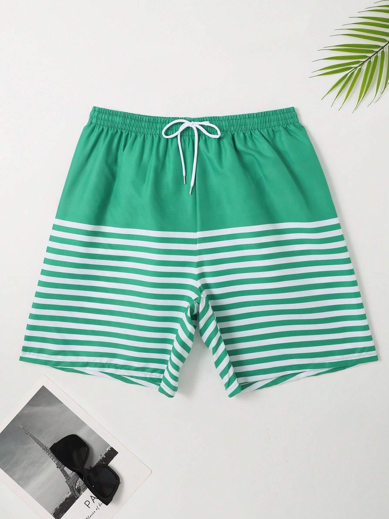 Striped Woven Drawstring Waist Swim Shorts-Waves And Trunks