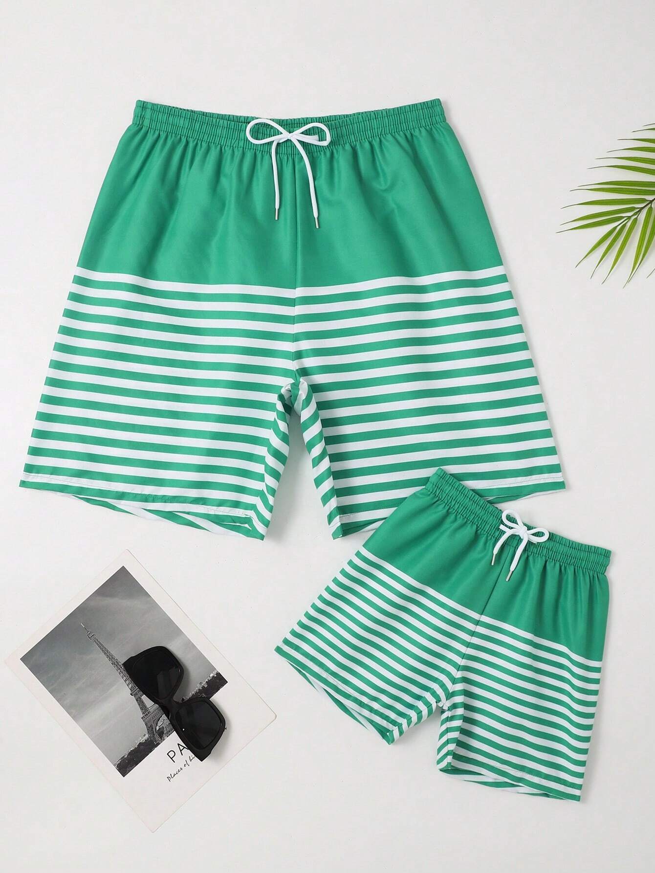 Striped Woven Drawstring Waist Swim Shorts-Waves And Trunks