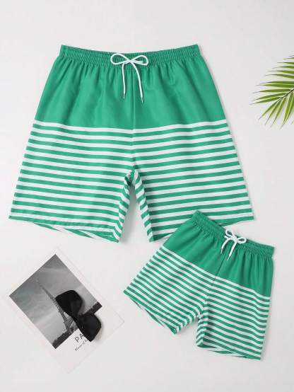 Striped Woven Drawstring Waist Swim Shorts-Waves And Trunks