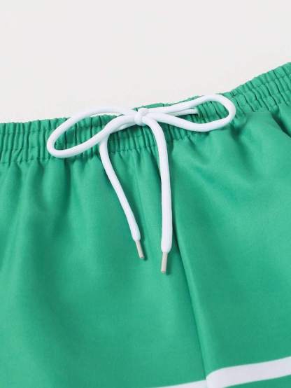 Striped Woven Drawstring Waist Swim Shorts-Waves And Trunks