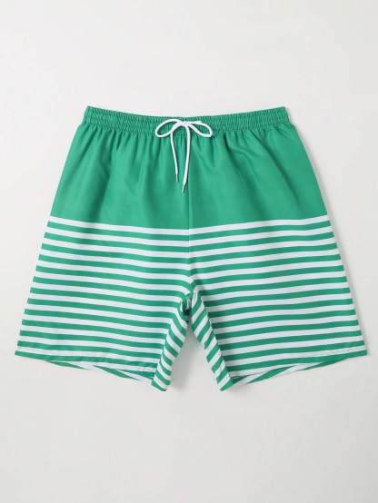 Striped Woven Drawstring Waist Swim Shorts-Waves And Trunks
