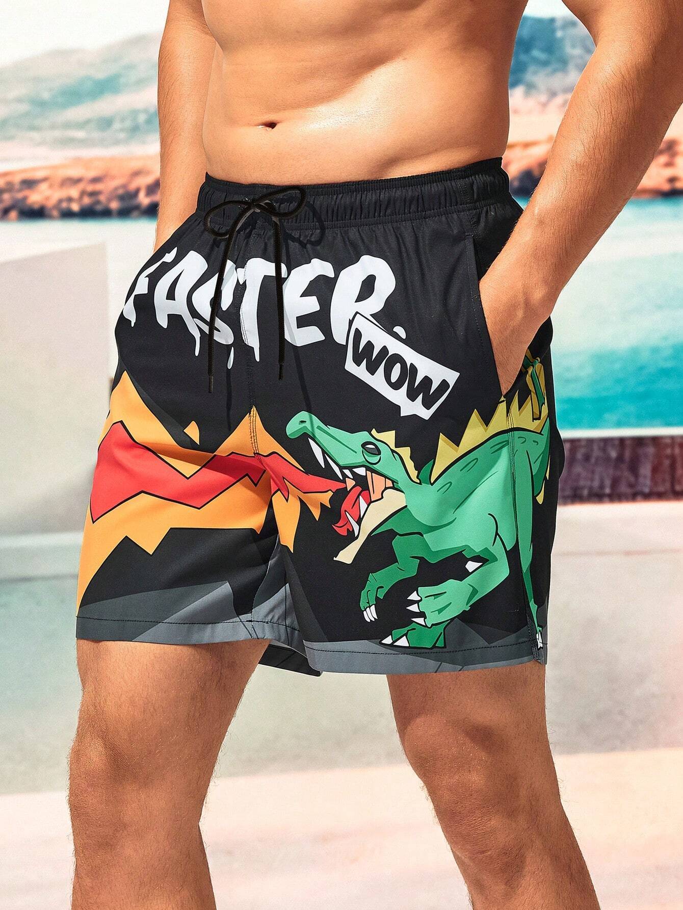 Dinosaur Print Drawstring Waist Swim Shorts-Waves And Trunks