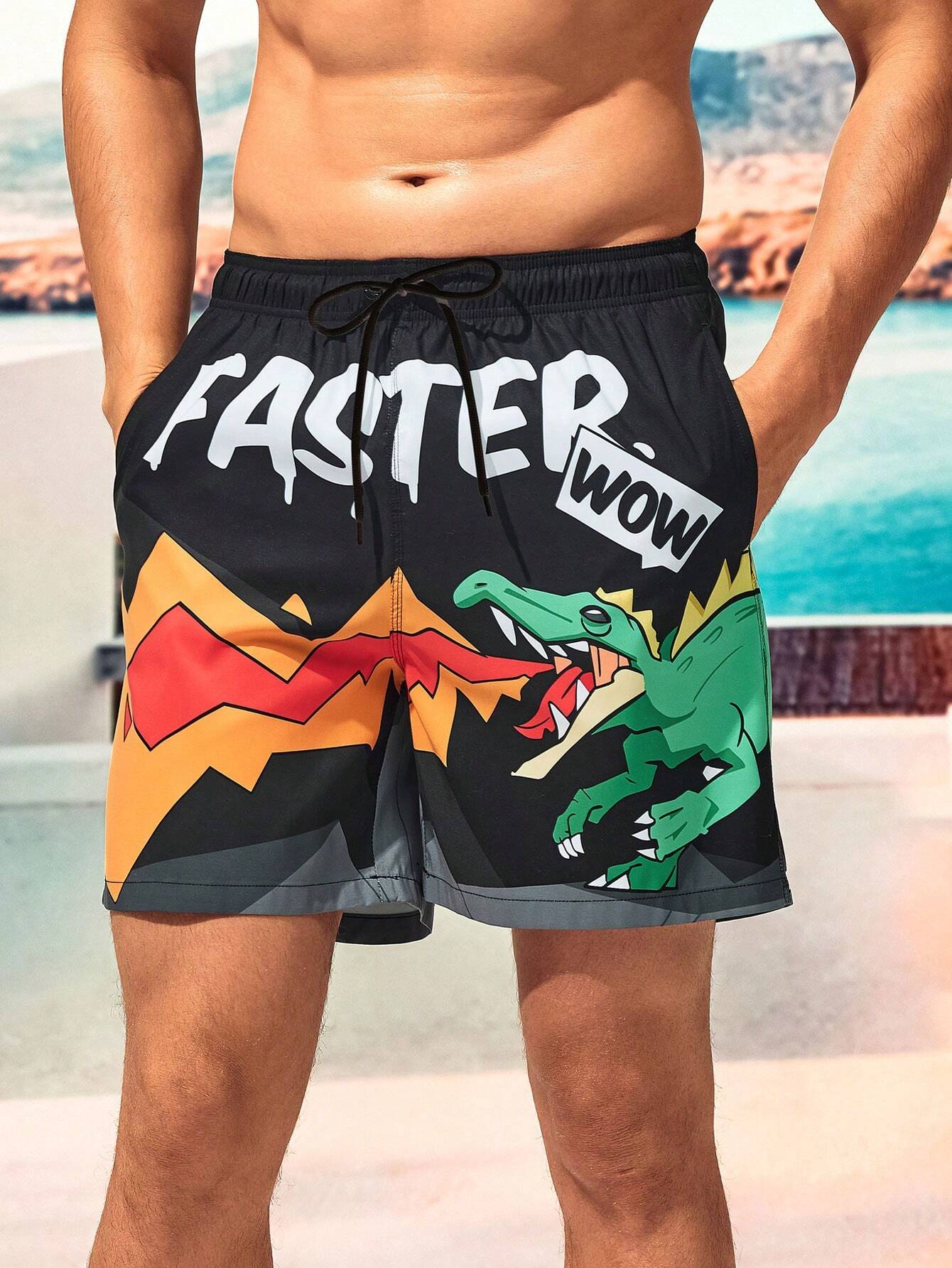 Dinosaur Print Drawstring Waist Swim Shorts-Waves And Trunks