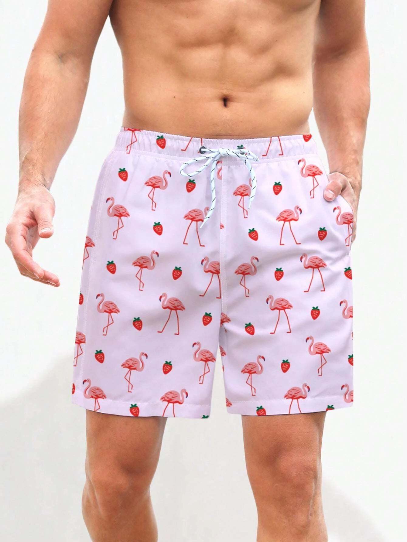 Non Stretch Boho Flamingo Drawstring Shorts With All Over Print-Waves And Trunks