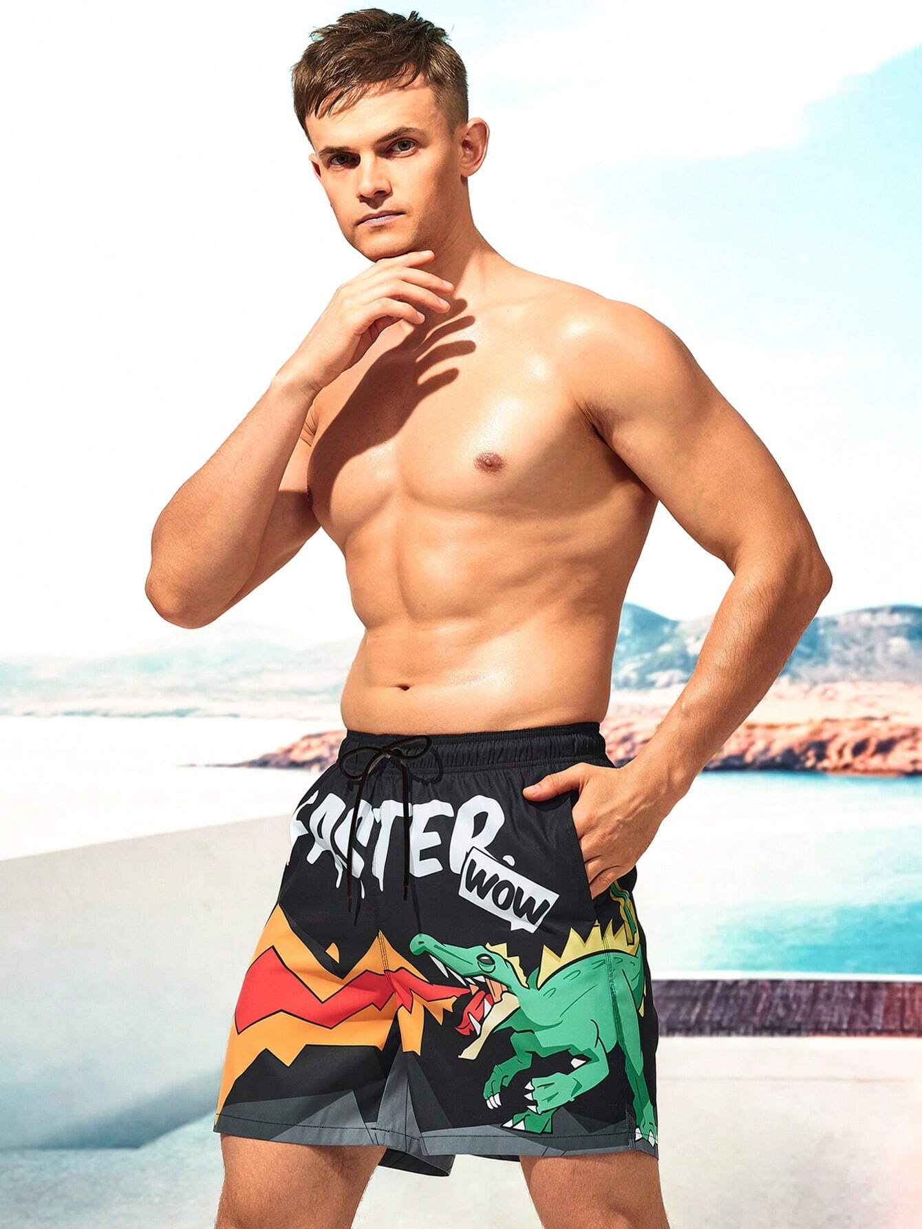 Dinosaur Print Drawstring Waist Swim Shorts-Waves And Trunks