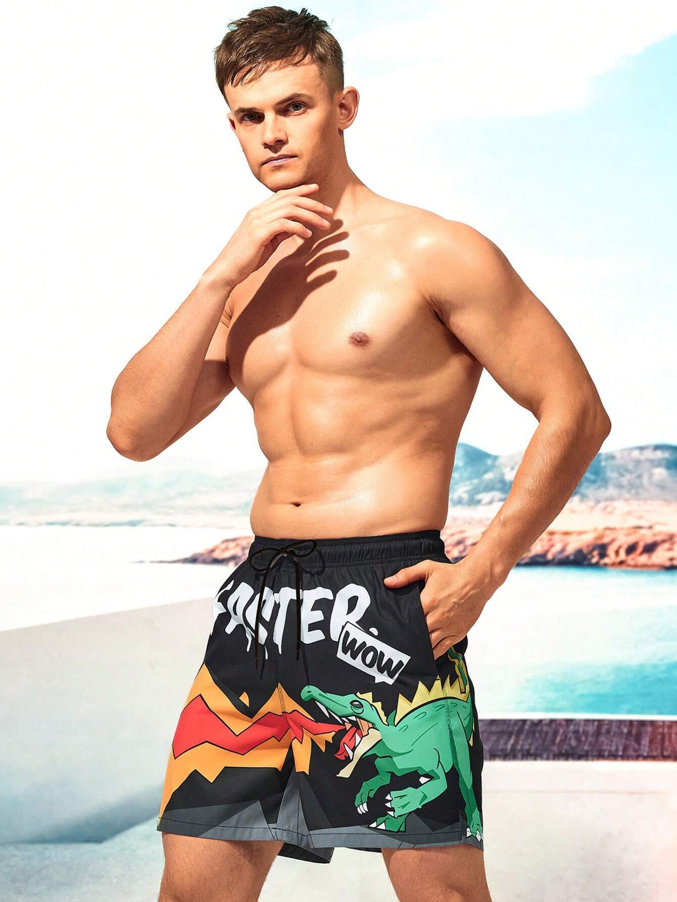 Dinosaur Print Drawstring Waist Swim Shorts-Waves And Trunks