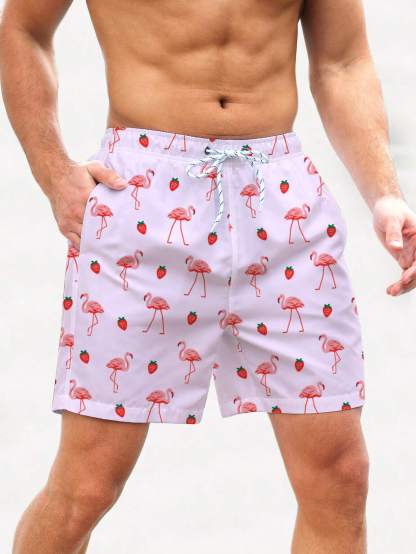 Non Stretch Boho Flamingo Drawstring Shorts With All Over Print-Waves And Trunks