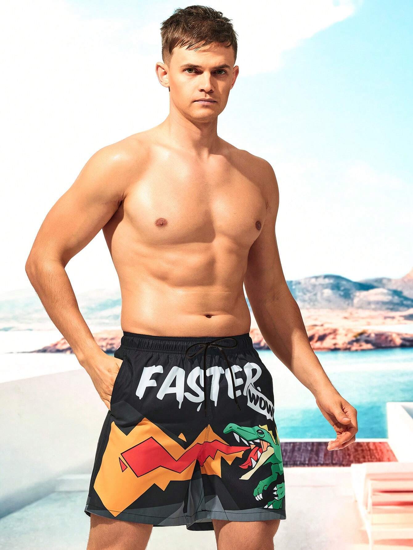 Dinosaur Print Drawstring Waist Swim Shorts-Waves And Trunks