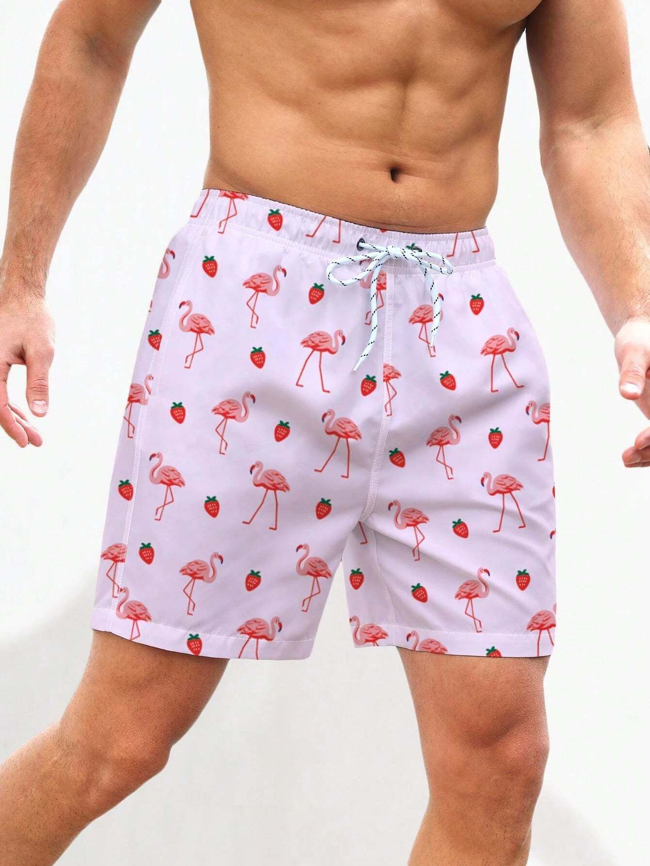 Non Stretch Boho Flamingo Drawstring Shorts With All Over Print-Waves And Trunks