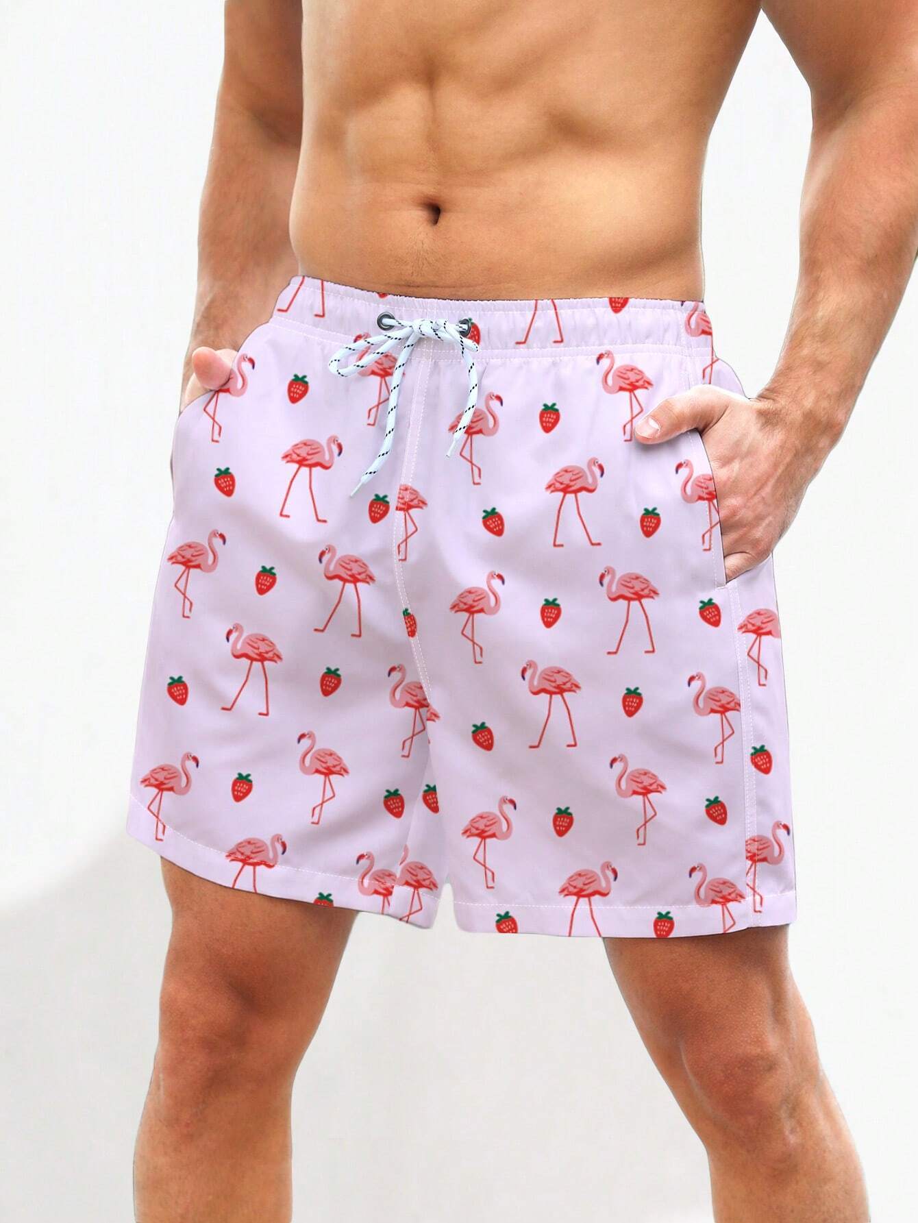 Non Stretch Boho Flamingo Drawstring Shorts With All Over Print-Waves And Trunks