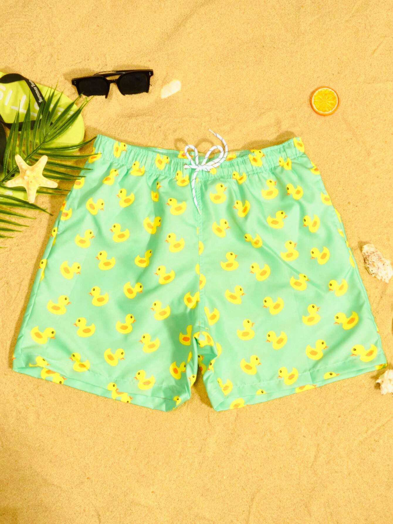 Duck Print Drawstring Waist Shorts-Waves And Trunks