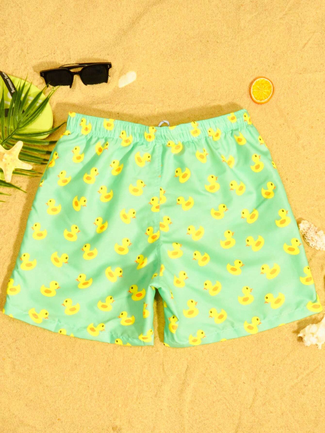 Duck Print Drawstring Waist Shorts-Waves And Trunks