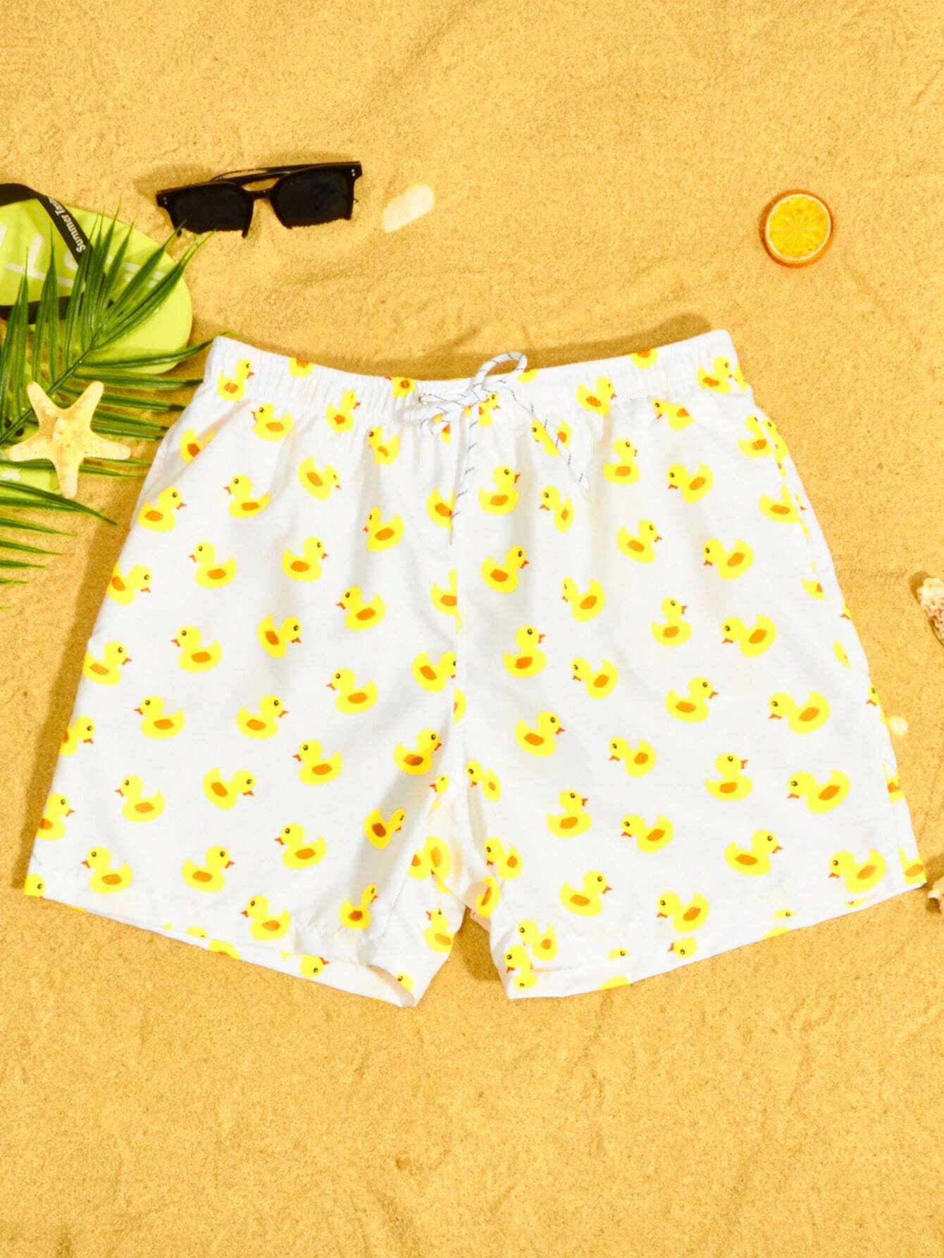 Duck Print Drawstring Waist Swim Shorts-Waves And Trunks
