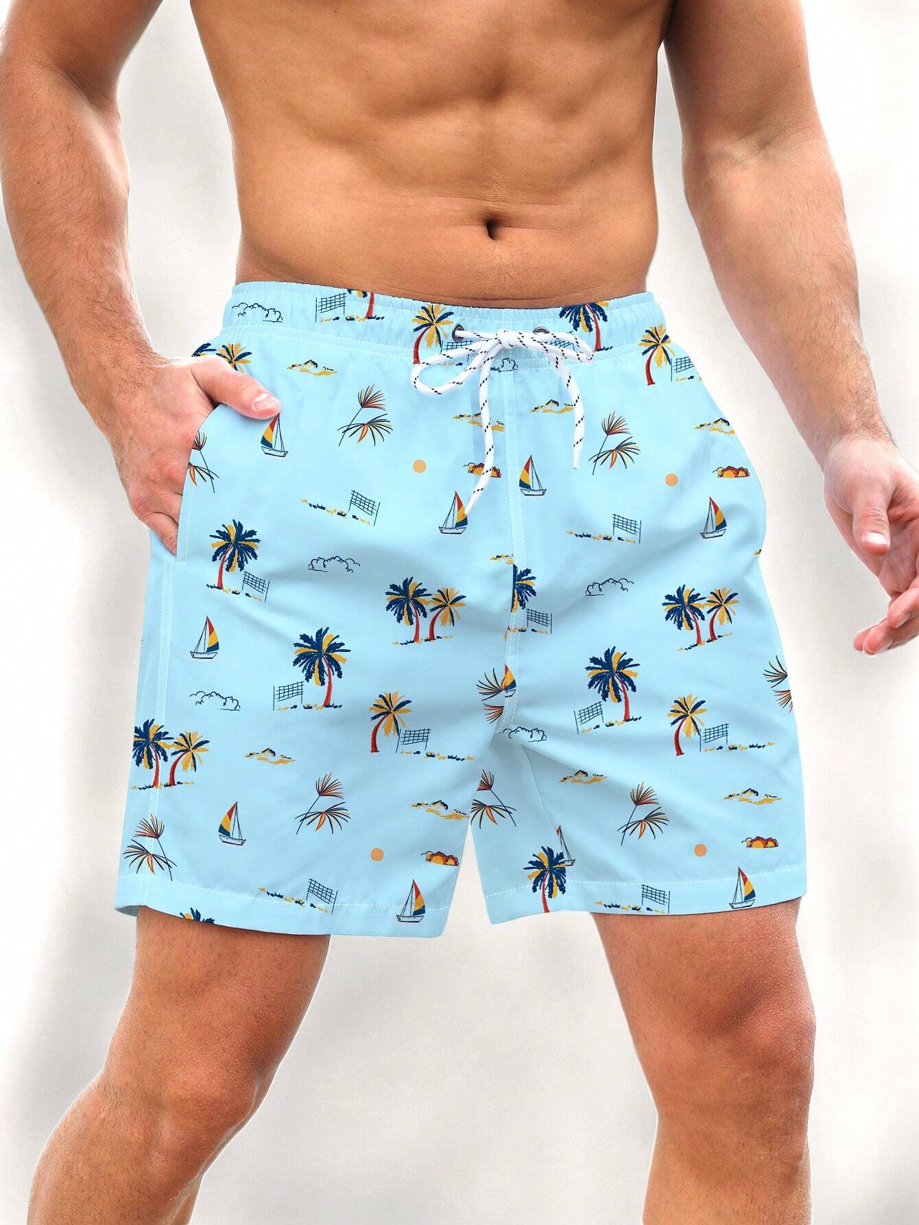 Tropical Coconut Tree Print Pocket Trunks-Waves And Trunks