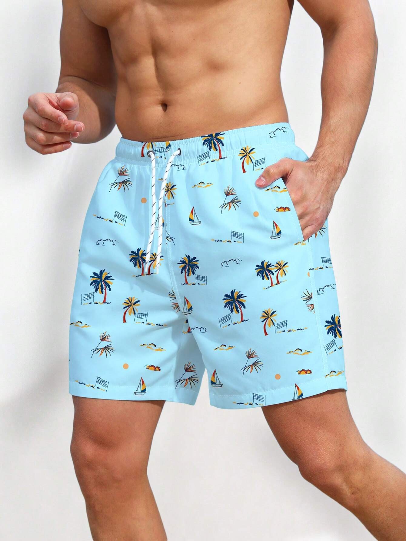 Tropical Coconut Tree Print Pocket Trunks-Waves And Trunks