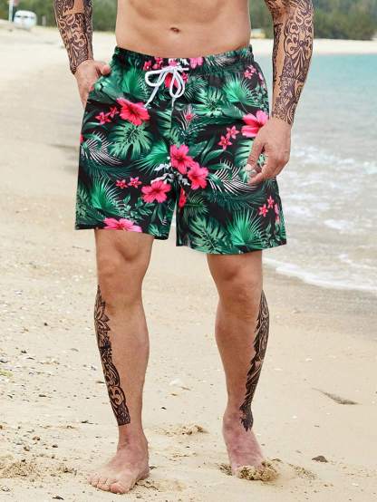 Tropical All Over Print Drawstring Pocket Shorts-Waves And Trunks