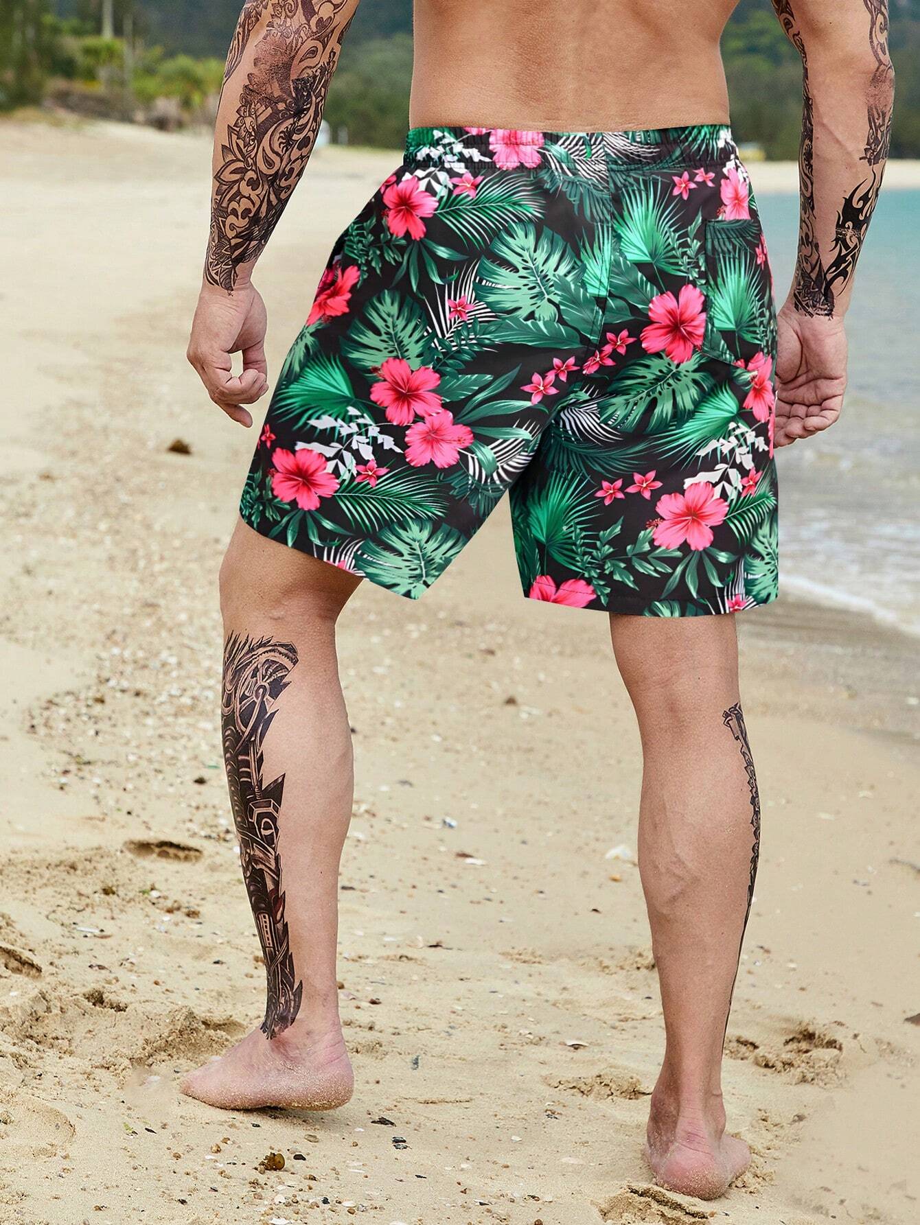 Tropical All Over Print Drawstring Pocket Shorts-Waves And Trunks