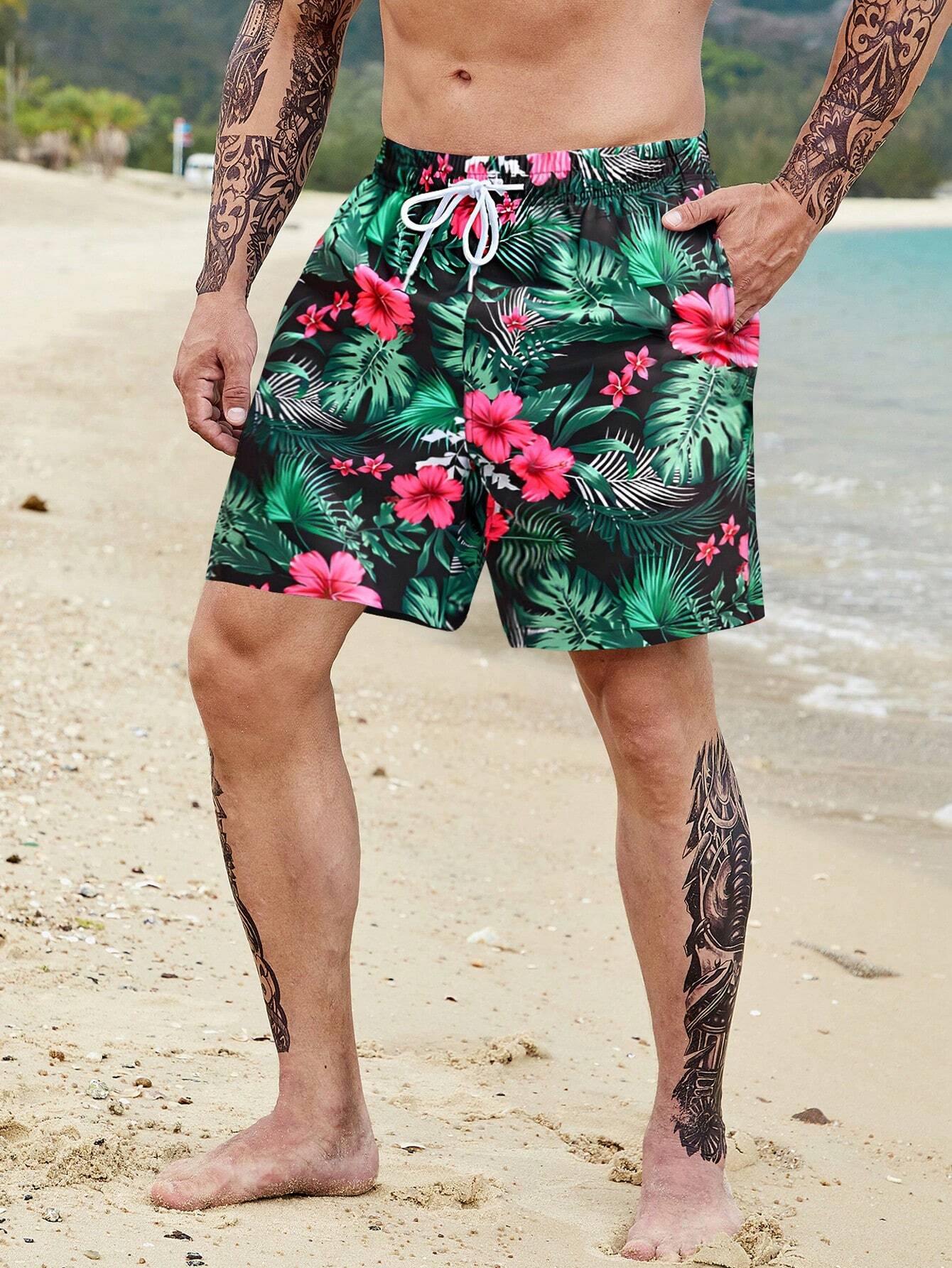 Tropical All Over Print Drawstring Pocket Shorts-Waves And Trunks