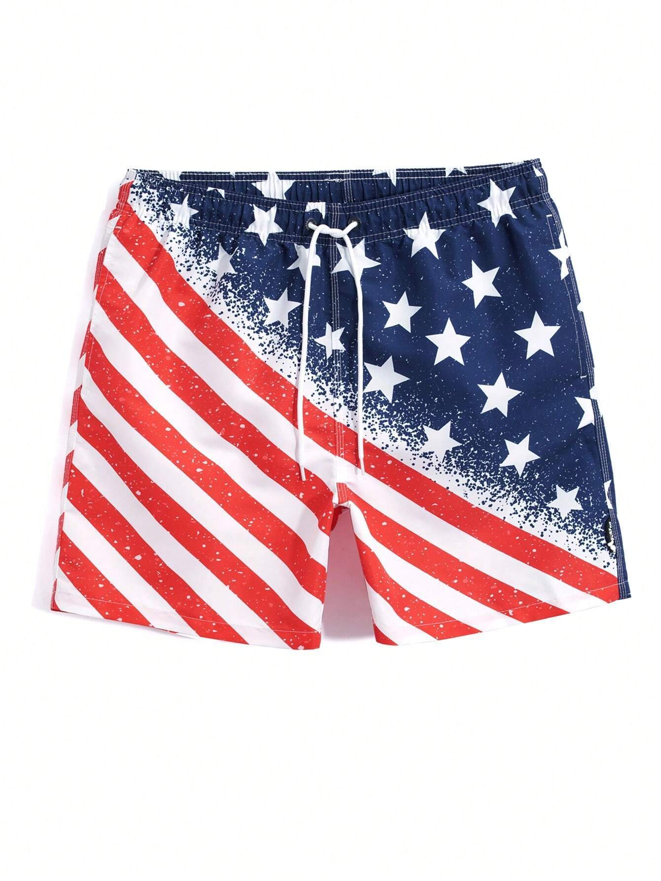 Flag Print Drawstring Waist Swim Shorts-Waves And Trunks