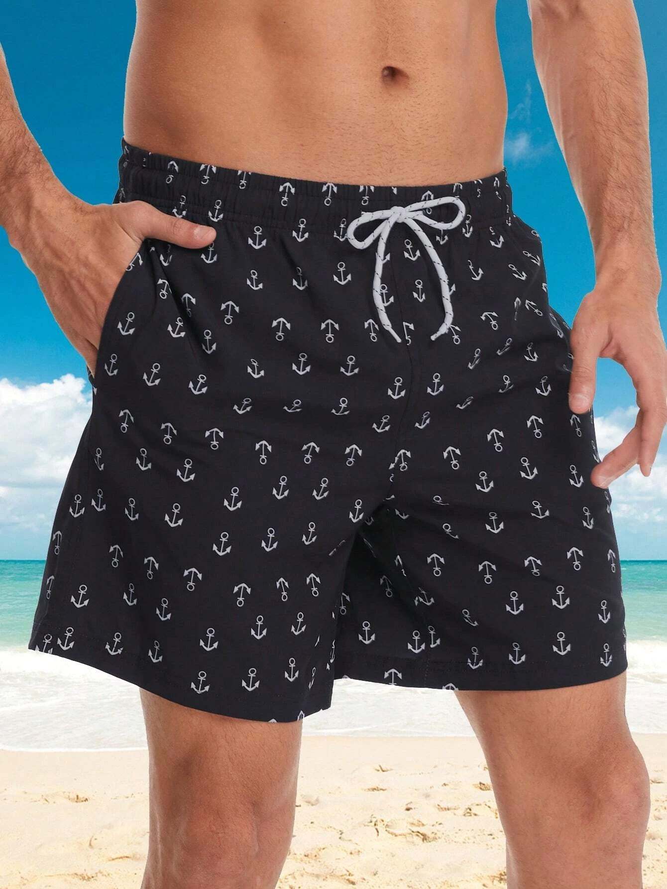 Anchor Print Drawstring Waist Swim Trunks-Waves And Trunks