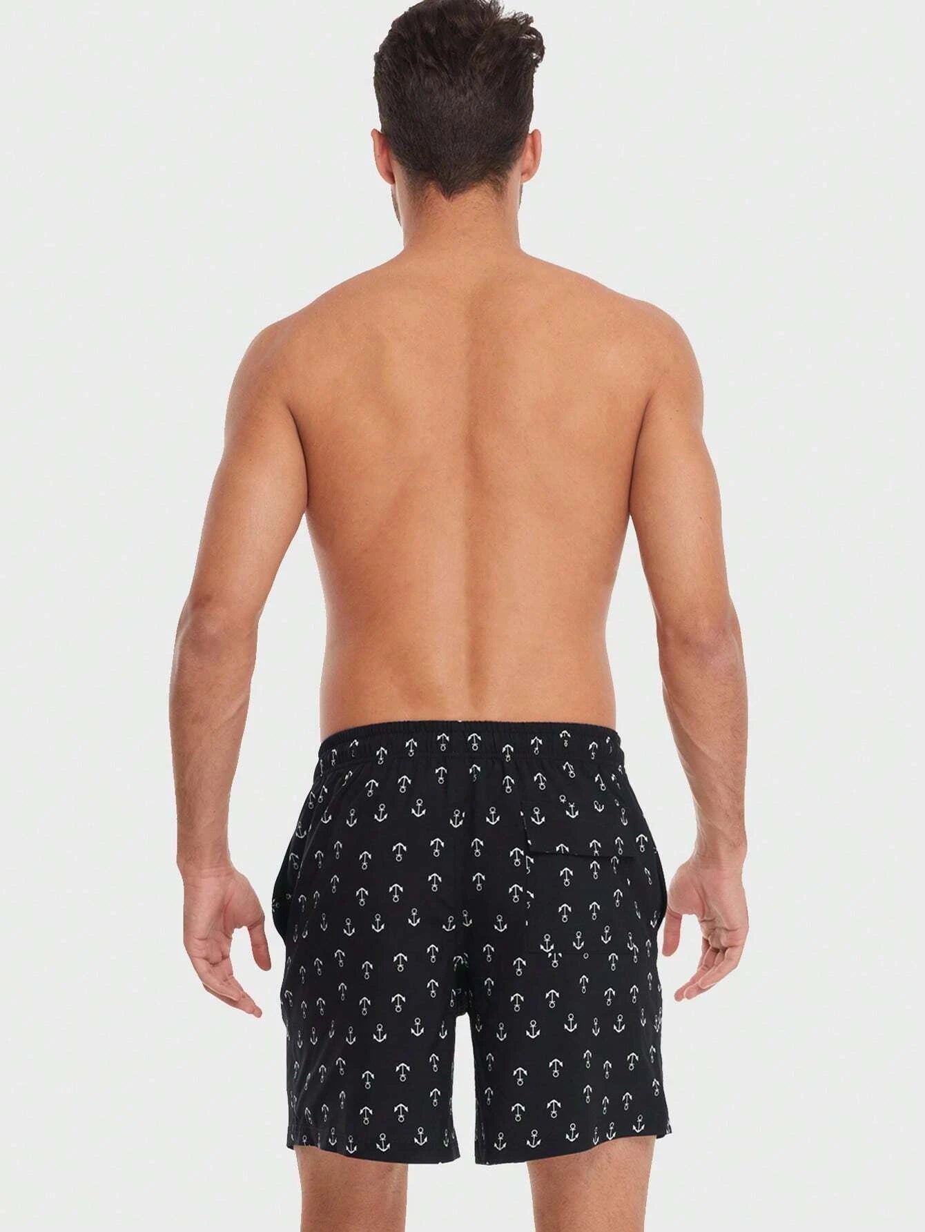 Anchor Print Drawstring Waist Swim Trunks-Waves And Trunks