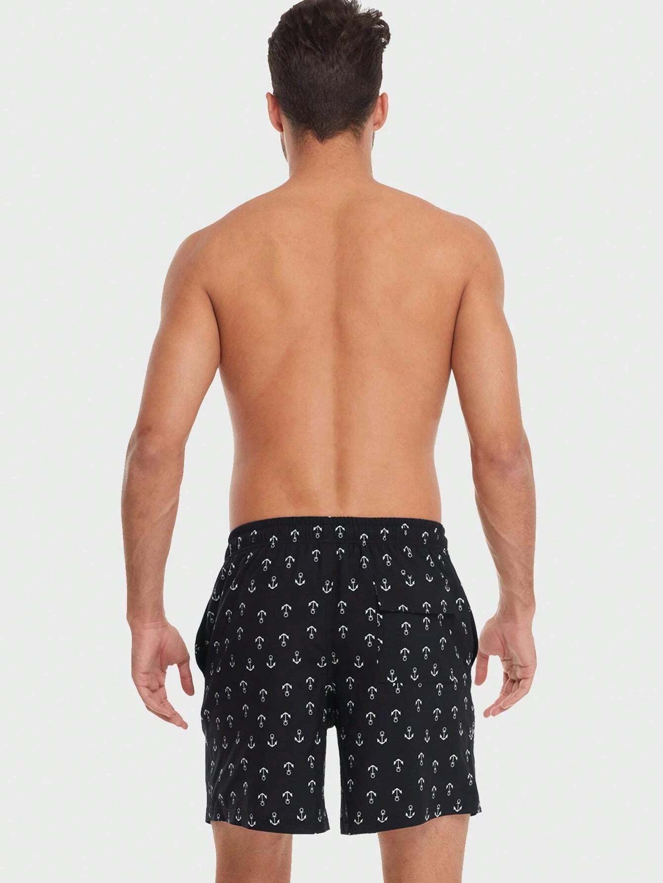 Anchor Print Drawstring Waist Swim Trunks-Waves And Trunks