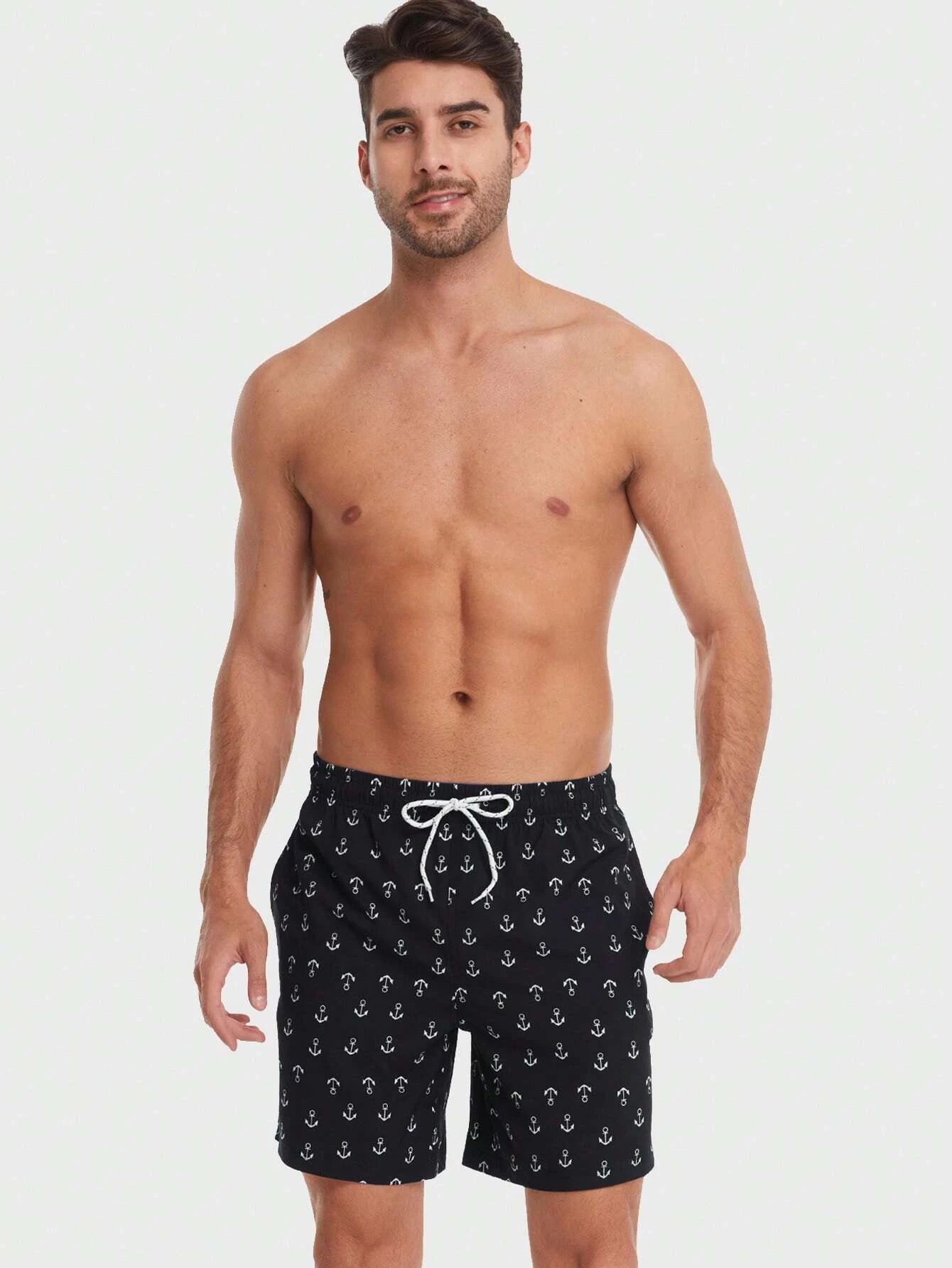 Anchor Print Drawstring Waist Swim Trunks-Waves And Trunks