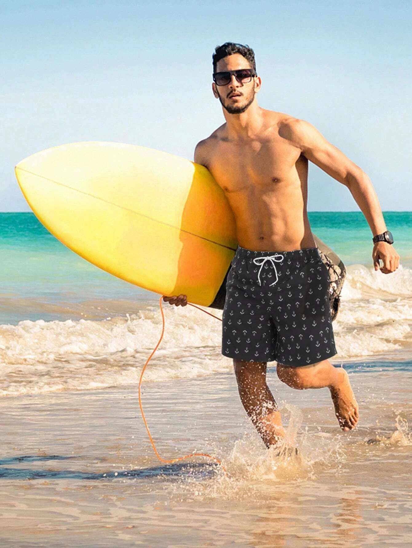 Anchor Print Drawstring Waist Swim Trunks-Waves And Trunks