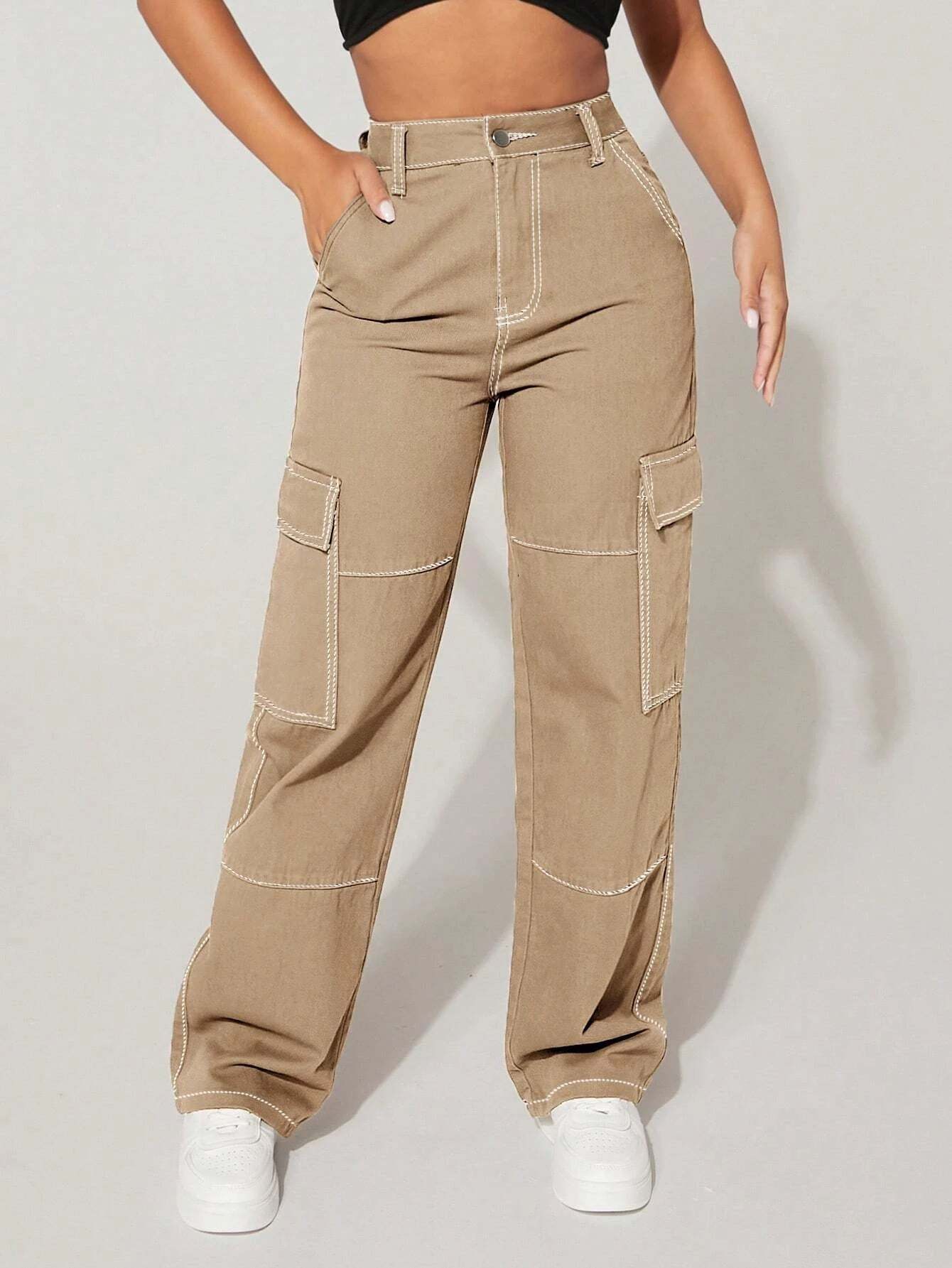 High Rise Flap Pocket Cargo Jeans-Waves And Trunks