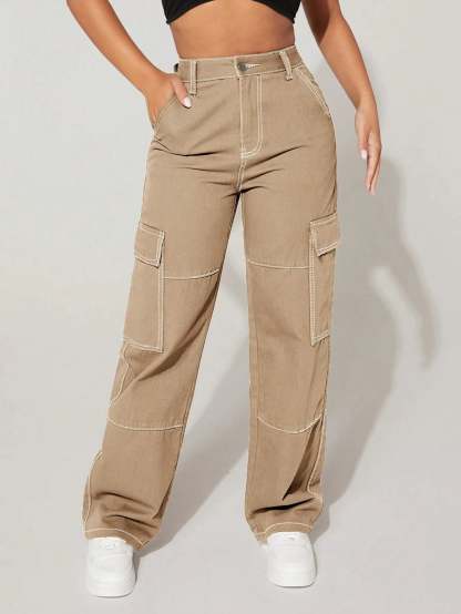 High Rise Flap Pocket Cargo Jeans-Waves And Trunks