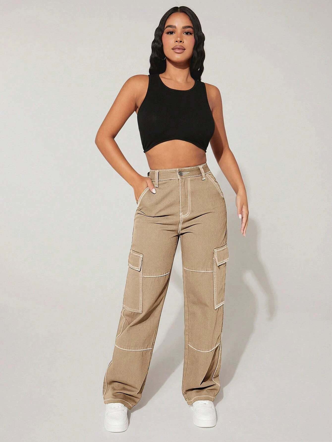 High Rise Flap Pocket Cargo Jeans-Waves And Trunks